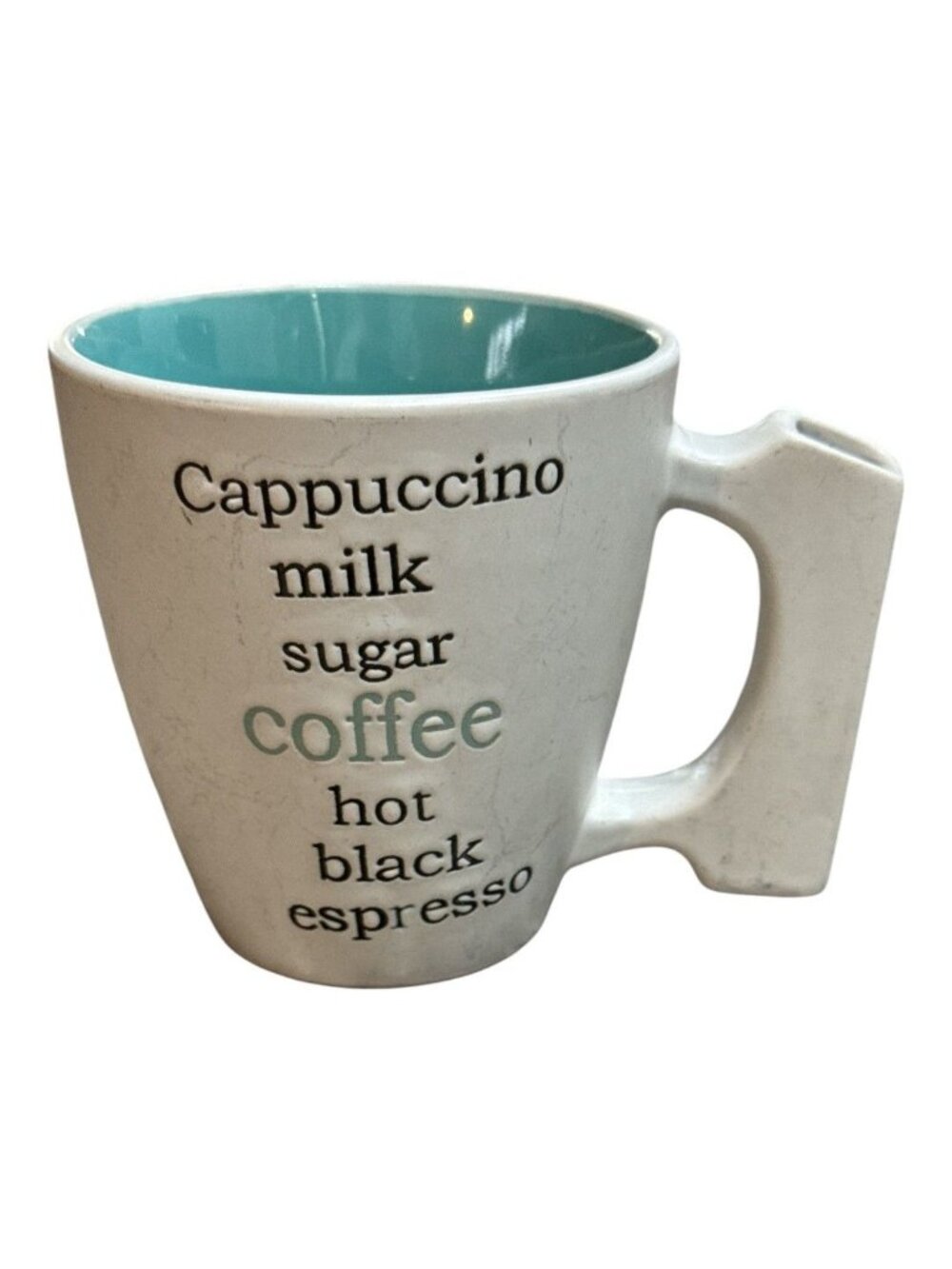 Ceramic Coffee Mug With Teal Interior & Embossed Text Design